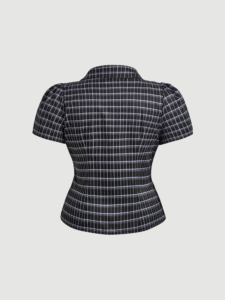 SHEIN MOD Plus Size College Plaid Button Pleated Short Sleeve Shirt, Summer - Black - View 2