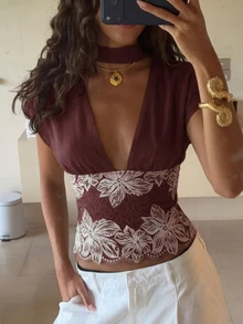 Glamine Women's Olive Green Chiffon & Contrast Lace Short Cover Up With Back Button, Deep V-Neck, Cap Sleeves, Detachable Collar Scarf, Delicate Floral Embroidered Lace Waist, Transparent Chiffon Fabric, Romantic & Feminine Style, Spring/Summer Cover Up, Vacation Style, Date Night Outfit, Brunch/Garden Party Top, Bohemian/Country Style, Wedding Guest Attire, Beach Cover-Up Top - Burgundy - View 2