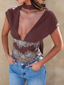 Glamine Women's Olive Green Chiffon & Contrast Lace Short Cover Up With Back Button, Deep V-Neck, Cap Sleeves, Detachable Collar Scarf, Delicate Floral Embroidered Lace Waist, Transparent Chiffon Fabric, Romantic & Feminine Style, Spring/Summer Cover Up, Vacation Style, Date Night Outfit, Brunch/Garden Party Top, Bohemian/Country Style, Wedding Guest Attire, Beach Cover-Up Top - Burgundy - View 5