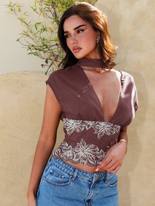 Glamine Women's Olive Green Chiffon & Contrast Lace Short Cover Up With Back Button, Deep V-Neck, Cap Sleeves, Detachable Collar Scarf, Delicate Floral Embroidered Lace Waist, Transparent Chiffon Fabric, Romantic & Feminine Style, Spring/Summer Cover Up, Vacation Style, Date Night Outfit, Brunch/Garden Party Top, Bohemian/Country Style, Wedding Guest Attire, Beach Cover-Up Top - Burgundy - View 9