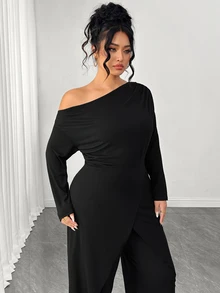Elenzga Plus Size Women's Early Autumn Solid Color Long Sleeve Cinched Waist Asymmetrical Jumpsuit Fall - Black - View 4