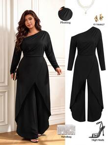 Elenzga Plus Size Women's Early Autumn Solid Color Long Sleeve Cinched Waist Asymmetrical Jumpsuit Fall - Black - View 7