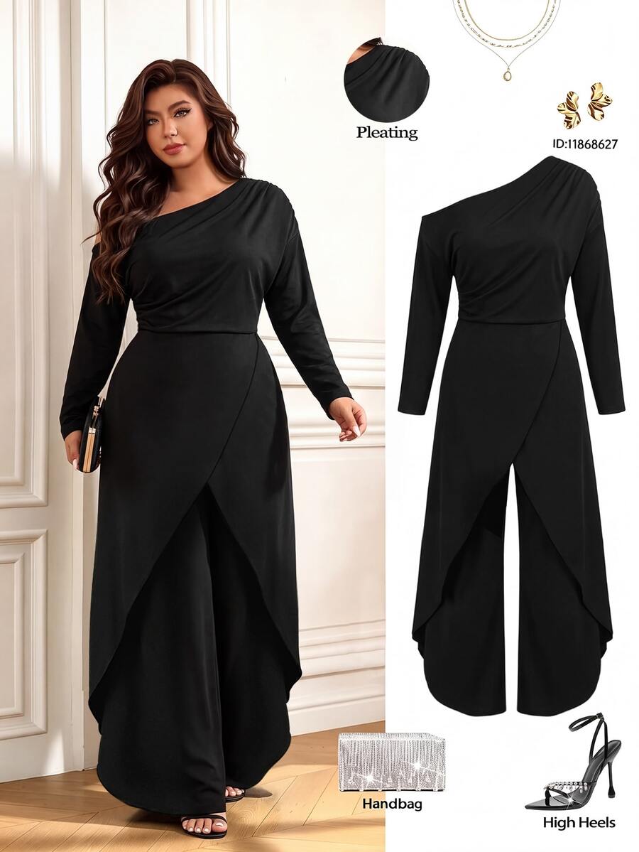 Elenzga Plus Size Women's Early Autumn Solid Color Long Sleeve Cinched Waist Asymmetrical Jumpsuit Fall - Black - View 1