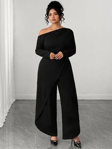 Elenzga Plus Size Women's Early Autumn Solid Color Long Sleeve Cinched Waist Asymmetrical Jumpsuit Fall - Black - View 8