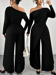 Elenzga Plus Size Women's Early Autumn Solid Color Long Sleeve Cinched Waist Asymmetrical Jumpsuit Fall - Black - View 1