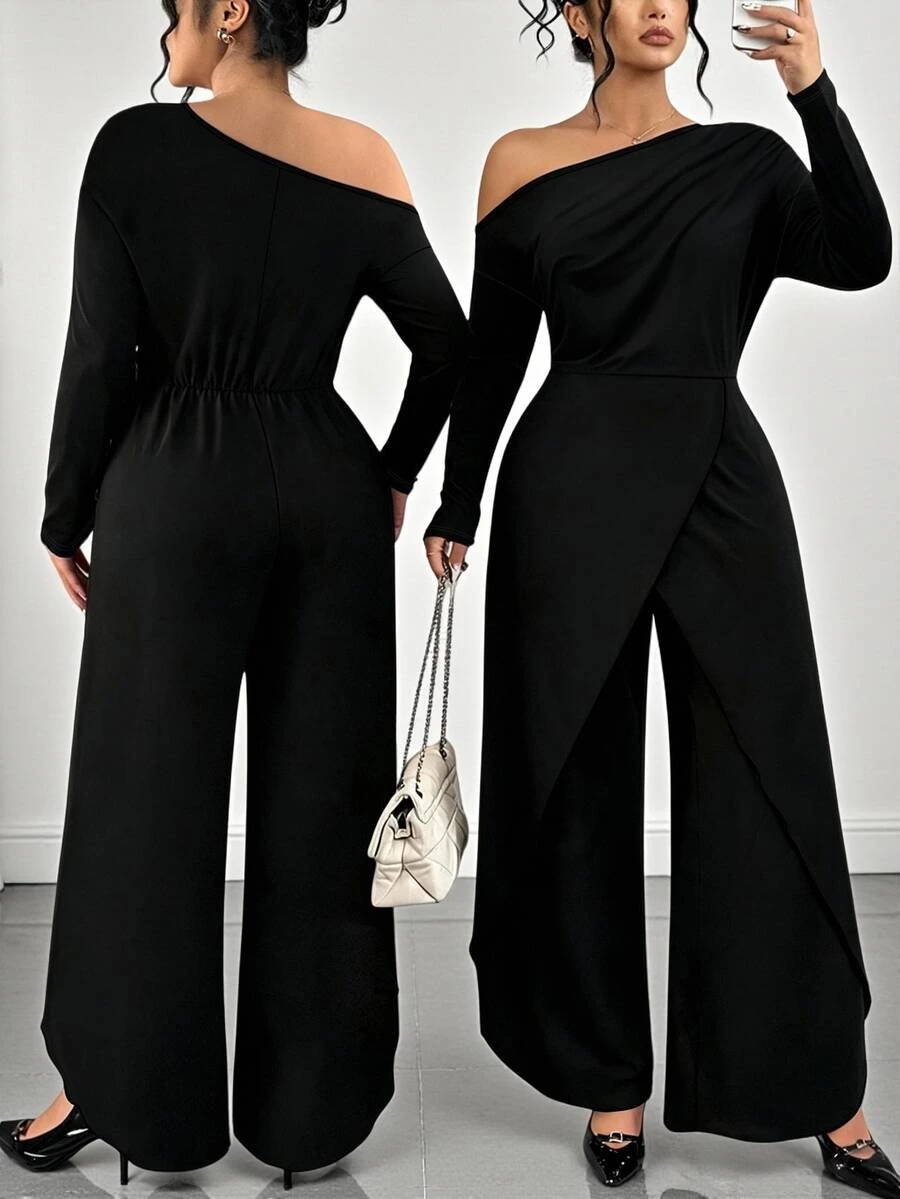 Elenzga Plus Size Women's Early Autumn Solid Color Long Sleeve Cinched Waist Asymmetrical Jumpsuit Fall - Black - View 1