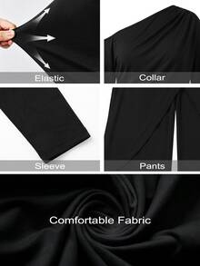 Elenzga Plus Size Women's Early Autumn Solid Color Long Sleeve Cinched Waist Asymmetrical Jumpsuit Fall - Black - View 5