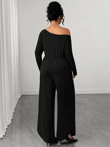 Elenzga Plus Size Women's Early Autumn Solid Color Long Sleeve Cinched Waist Asymmetrical Jumpsuit Fall - Black - View 2