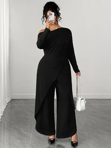 Elenzga Plus Size Women's Early Autumn Solid Color Long Sleeve Cinched Waist Asymmetrical Jumpsuit Fall - Black - View 9