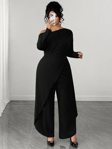 Elenzga Plus Size Women's Early Autumn Solid Color Long Sleeve Cinched Waist Asymmetrical Jumpsuit Fall - Black - View 6
