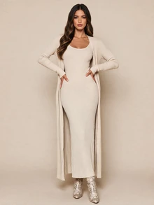 Amorya Women's Solid Color Dress And Robe Casual Minimalist Elegant Daily 2 Pieces Set Autumn Brunch Apricot - Apricot - View 7