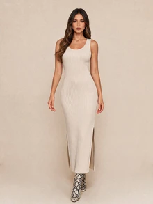 Amorya Women's Solid Color Dress And Robe Casual Minimalist Elegant Daily 2 Pieces Set Autumn Brunch Apricot - Apricot - View 5