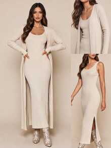 Amorya Women's Solid Color Dress And Robe Casual Minimalist Elegant Daily 2 Pieces Set Autumn Brunch Apricot - Apricot - View 2