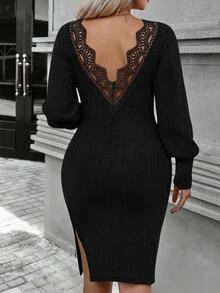 SHEIN Clasi CURVE Gaun Pesta Kasual Tanpa Punggung Warna Polos untuk Wanita Ukuran Plus - Hitam - View 7