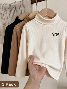 SHEIN 3件組女童高領長袖T恤，黑色、白色、咖啡色，白色刷毛內裡，適合日常穿著與秋冬季節 - 彩色 - 查看 4