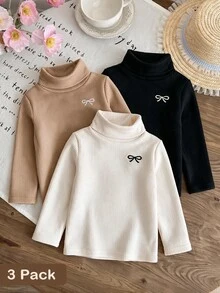 SHEIN 3件組女童高領長袖T恤，黑色、白色、咖啡色，白色刷毛內裡，適合日常穿著與秋冬季節 - 彩色 - 查看 3
