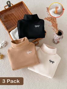 SHEIN 3件組女童高領長袖T恤，黑色、白色、咖啡色，白色刷毛內裡，適合日常穿著與秋冬季節 - 彩色 - 查看 7