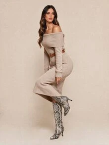 Amorya Women's Solid Color Cold Shoulder Casual Elegant Party Work Everyday Knit Dress Autumn Winter Colorful - Khaki - View 6