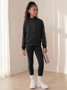 SHEIN 青少年女孩 2件組針織黑白條紋套裝，寬鬆運動風保守運動服，基礎運動夾克 + 緊身褲組合，適合秋季健身運動 - 黑色 - 查看 4