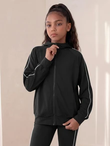 SHEIN 青少年女孩 2件組針織黑白條紋套裝，寬鬆運動風保守運動服，基礎運動夾克 + 緊身褲組合，適合秋季健身運動 - 黑色 - 查看 6