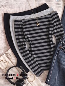 Teen Girl Fall Striped Print Cold Shoulder Casual Daily Long Sleeve T-Shirt, Holiday, Comfortable - Multicolor - View 1