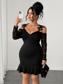 Elenzga Gaun Wanita Ukuran Besar Warna Hitam dengan Motif Renda dan Bunga, Lengan Panjang, Model Bahu Terbuka, Cocok untuk Musim Gugur. - Hitam - View 6