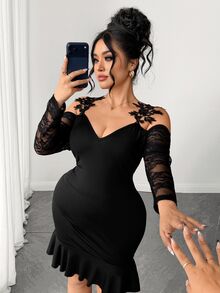 Elenzga Gaun Wanita Ukuran Besar Warna Hitam dengan Motif Renda dan Bunga, Lengan Panjang, Model Bahu Terbuka, Cocok untuk Musim Gugur. - Hitam - View 8