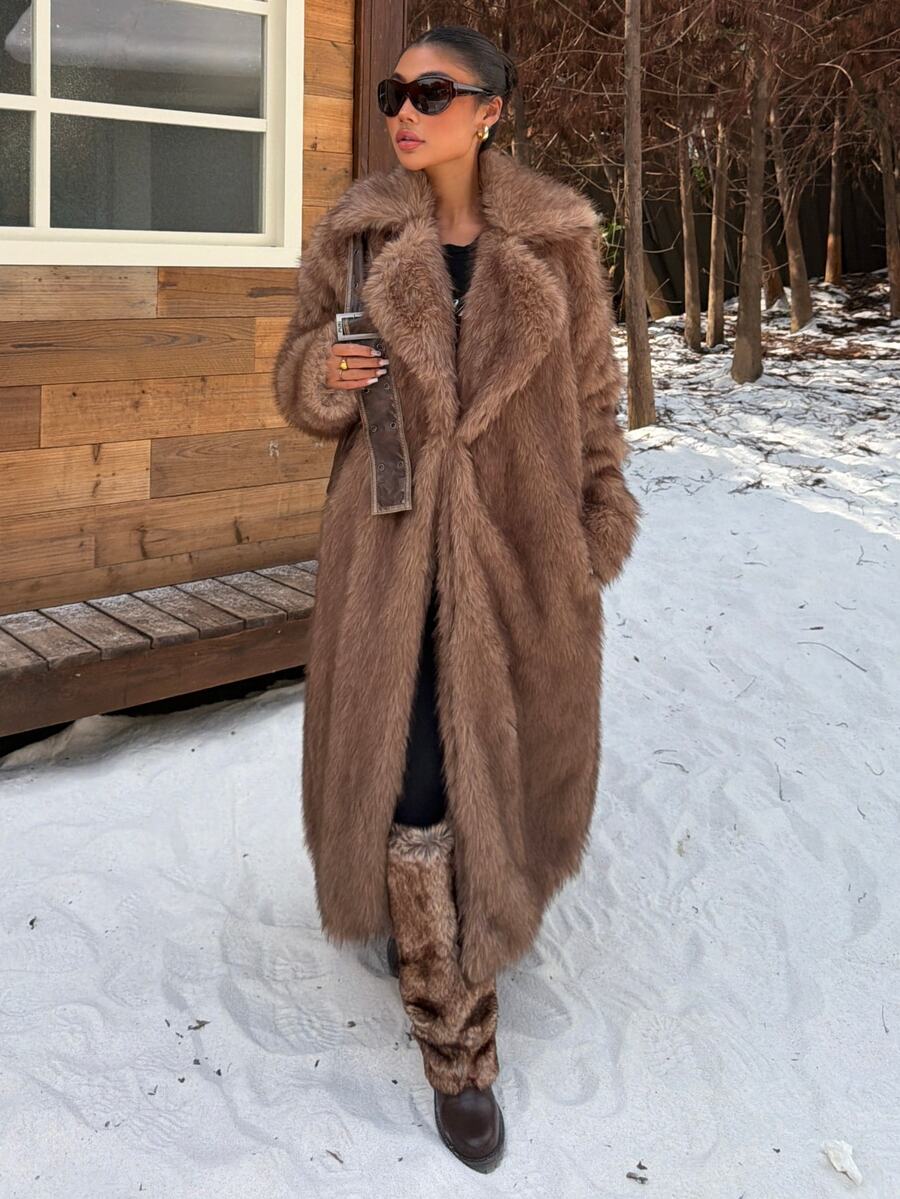 Muchica Women's New Winter Brown Faux Fur Mid-Length Coat With Lapel For Going Out, Streetwear, Fall Winter 2026 - Multicolor - View 1