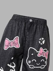 Girls Casual Fashionable Digital Print Pattern Woven Fabric Loose Fit Pants Comfortable For Spring Daily Commute Outdoor Play Photo Shoot Swim Black - Black - View 7