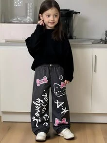 Girls Casual Fashionable Digital Print Pattern Woven Fabric Loose Fit Pants Comfortable For Spring Daily Commute Outdoor Play Photo Shoot Swim Black - Black - View 4