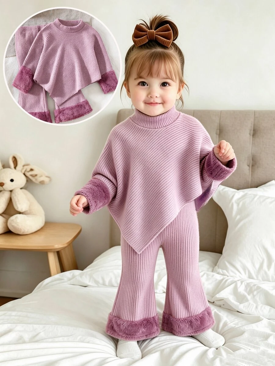 SHEIN Playful Pals 女嬰秋冬 T-shirt 套裝,不對稱高領 T-shirt 搭配喇叭褲,毛絨布拼接,簡約保暖外出穿搭 - 粉色 - 查看 1