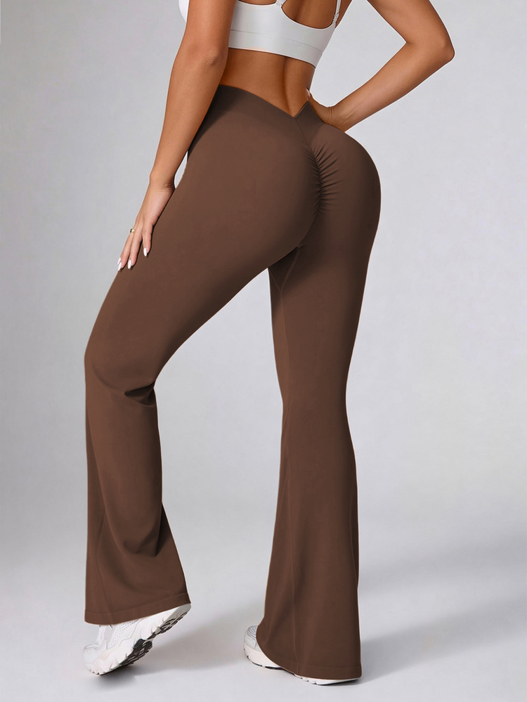 SHEIN 2pcs Black & Dark Brown Knitted Seamless Comfortable Elastic Flare Leggings For Yoga, Running, Cycling, Fitness, Outdoor, Casual Wear, New Hot-Selling Style For Spring, Summer, Autumn, Winter - Multicolor - View 3