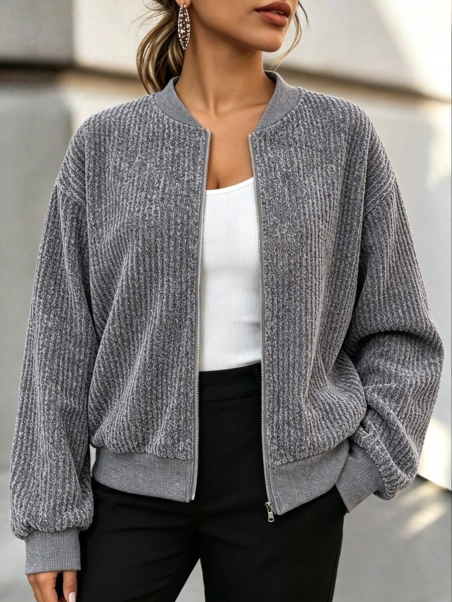 EMERY ROSE Women's Plus Size Ribbed Fleece Grey Zip-Up Baseball Jacket Autumn Going Out Office Club Casual Baggy - Grey - View 1