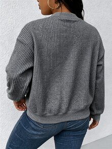 EMERY ROSE Women's Plus Size Ribbed Fleece Grey Zip-Up Baseball Jacket Autumn Going Out Office Club Casual Baggy - Grey - View 2