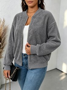 EMERY ROSE Women's Plus Size Ribbed Fleece Grey Zip-Up Baseball Jacket Autumn Going Out Office Club Casual Baggy - Grey - View 6