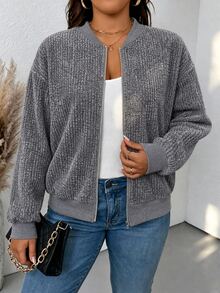 EMERY ROSE Women's Plus Size Ribbed Fleece Grey Zip-Up Baseball Jacket Autumn Going Out Office Club Casual Baggy - Grey - View 4