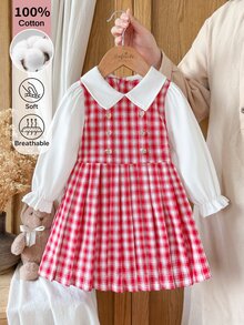 SHEIN Gaun Bayi Perempuan Kerah Kecil Kancing Emas dengan Hem Berlipit, Cocok untuk Gaya Kasual Sehari-hari, Imut dan Elegan untuk Perjalanan dan Sekolah - Merah - View 10