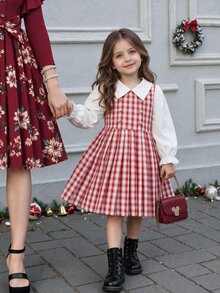 SHEIN Gaun Bayi Perempuan Kerah Kecil Kancing Emas dengan Hem Berlipit, Cocok untuk Gaya Kasual Sehari-hari, Imut dan Elegan untuk Perjalanan dan Sekolah - Merah - View 2