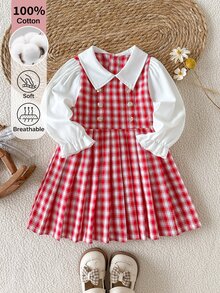 SHEIN Gaun Bayi Perempuan Kerah Kecil Kancing Emas dengan Hem Berlipit, Cocok untuk Gaya Kasual Sehari-hari, Imut dan Elegan untuk Perjalanan dan Sekolah - Merah - View 5