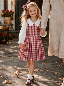 SHEIN Gaun Bayi Perempuan Kerah Kecil Kancing Emas dengan Hem Berlipit, Cocok untuk Gaya Kasual Sehari-hari, Imut dan Elegan untuk Perjalanan dan Sekolah - Merah - View 4