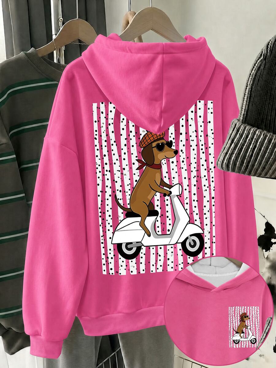 Tween女孩甜酷粉黃條紋小狗騎單車印花衛衣,舒適秋冬風格,休閒日常穿著,酷冬系列,Tween女孩開學必備 - 彩色 - 查看 1