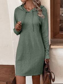 SHEIN LUNE Drawstring Hooded Sweater Dress Fall Winter Cloth For Women - Green - View 7