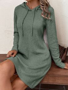 SHEIN LUNE Drawstring Hooded Sweater Dress Fall Winter Cloth For Women - Green - View 4