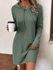 SHEIN LUNE Drawstring Hooded Sweater Dress Fall Winter Cloth For Women - Green - View 3