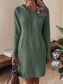 SHEIN LUNE Drawstring Hooded Sweater Dress Fall Winter Cloth For Women - Green - View 5