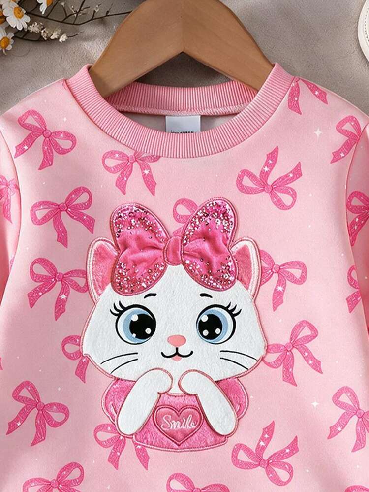 Setelan 2 Potong untuk Bayi Perempuan: Manis, Lucu, Motif Kucing dengan Pita dan Bordir Imitasi, Lengan Panjang, Lapisan Termal, Kerah Bulat, Hem Berkerut, Sweatshirt dan Legging, Kain Lembut, Cocok untuk Beraktivitas di Luar Ruangan Musim Gugur/Dingin - MultiWarna - View 4