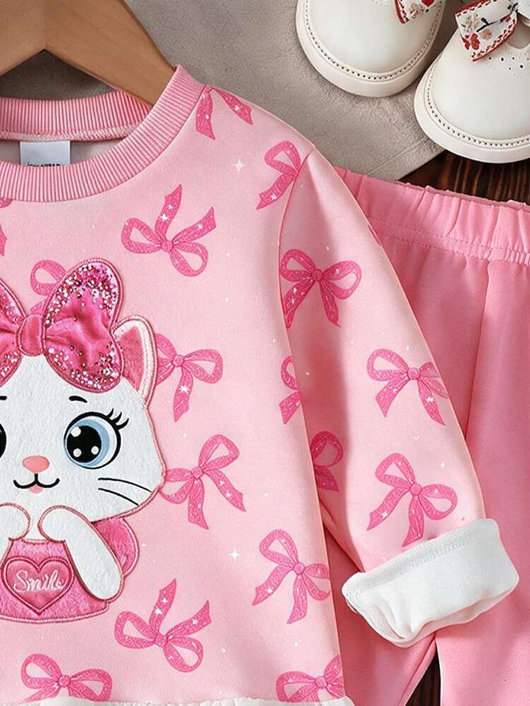 Setelan 2 Potong untuk Bayi Perempuan: Manis, Lucu, Motif Kucing dengan Pita dan Bordir Imitasi, Lengan Panjang, Lapisan Termal, Kerah Bulat, Hem Berkerut, Sweatshirt dan Legging, Kain Lembut, Cocok untuk Beraktivitas di Luar Ruangan Musim Gugur/Dingin - MultiWarna - View 6
