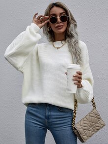 SHEIN LUNE Drop Shoulder Ribbed Knit Jumper - White - View 4
