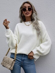 SHEIN LUNE Drop Shoulder Ribbed Knit Jumper - White - View 6