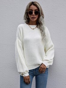 SHEIN LUNE Drop Shoulder Ribbed Knit Jumper - White - View 5